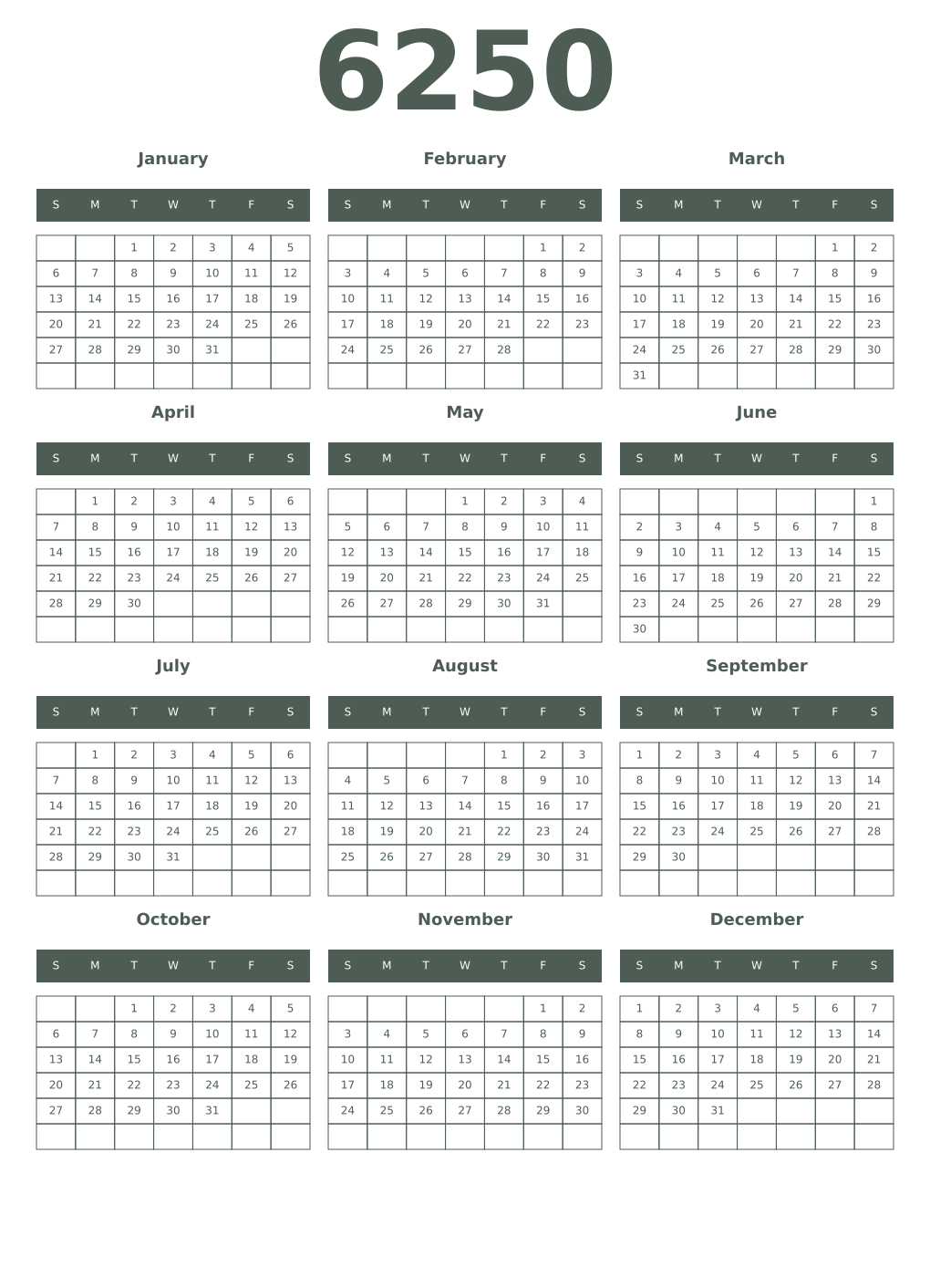 Printable 6250 Year Calendars feldgrau