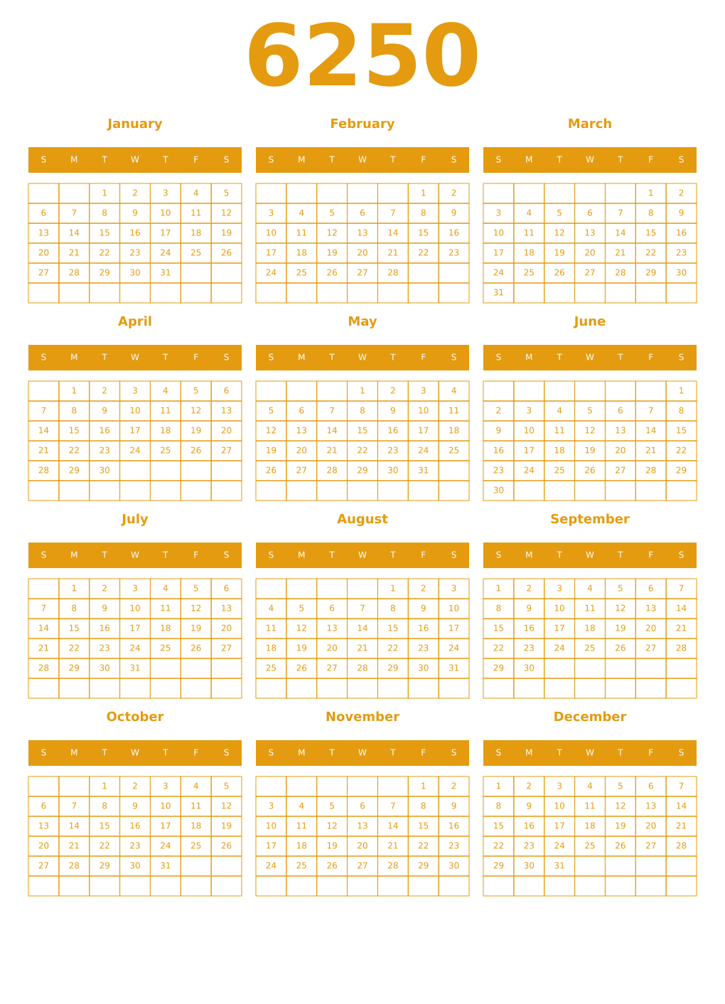 Printable 6250 Year Calendars gamboge