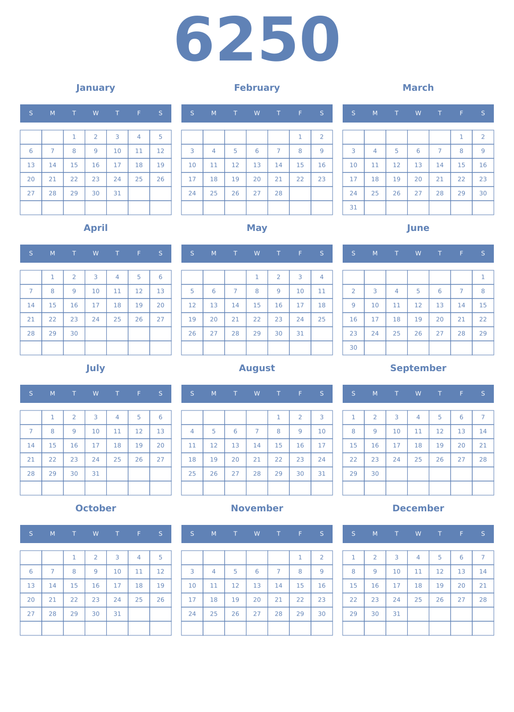 Printable 6250 Year Calendars glaucous