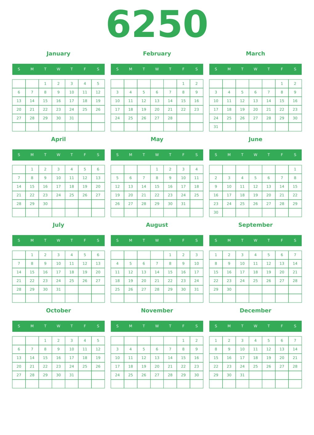 Printable 6250 Year Calendars green
