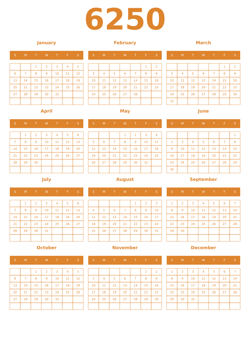 Printable 6250 Year Calendars orange