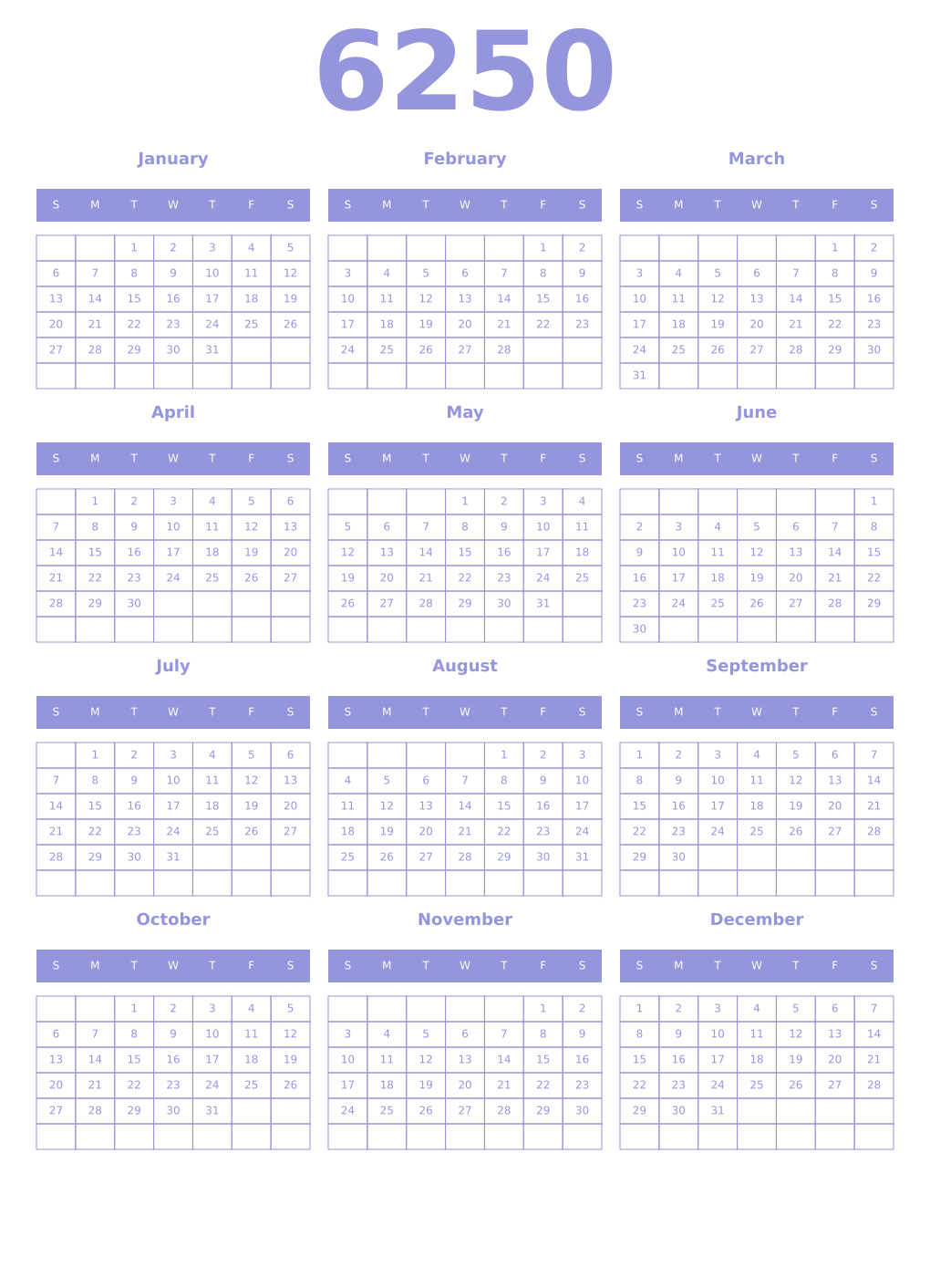 Printable 6250 Year Calendars periwinkle
