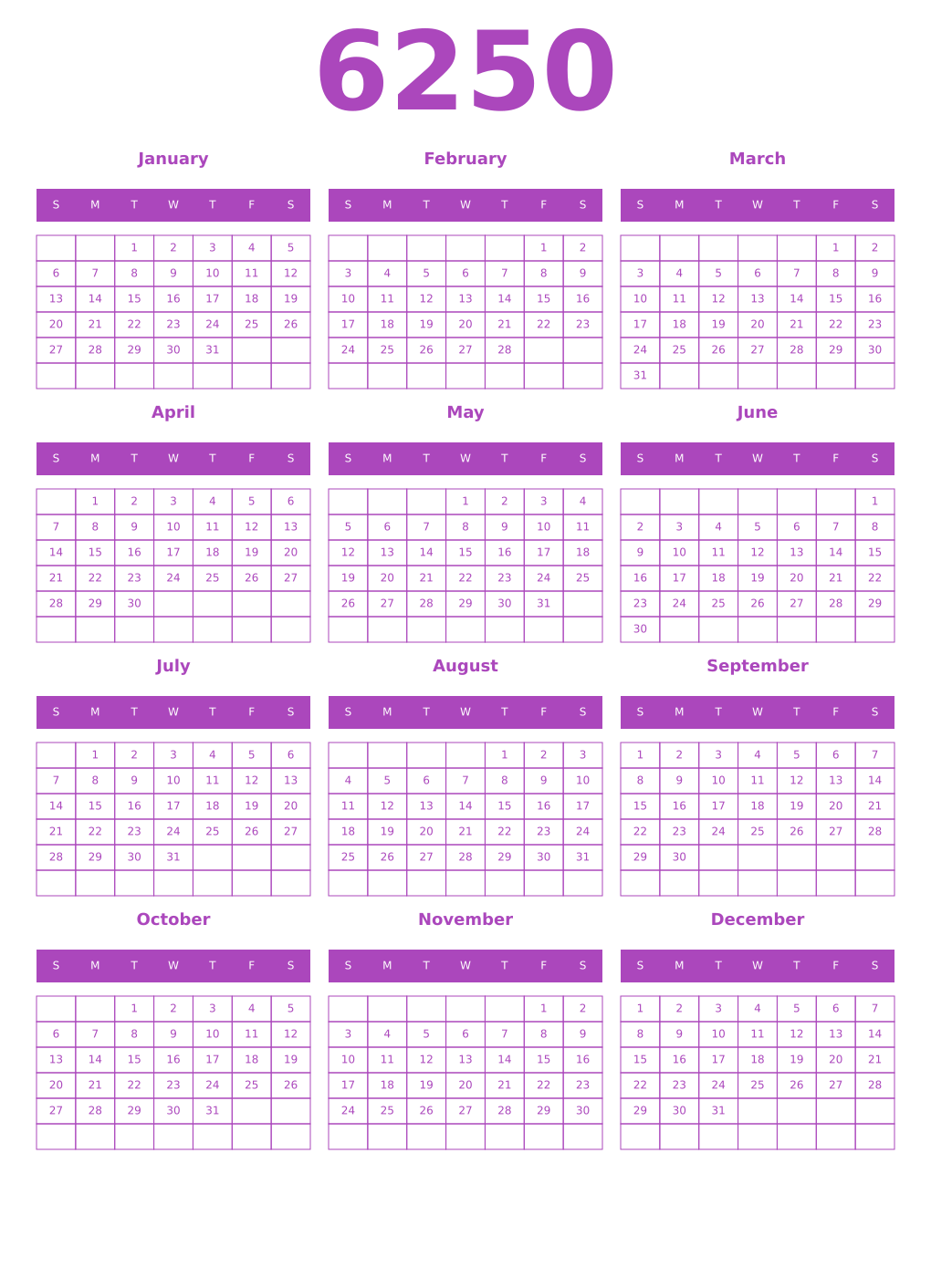 Printable 6250 Year Calendars purple