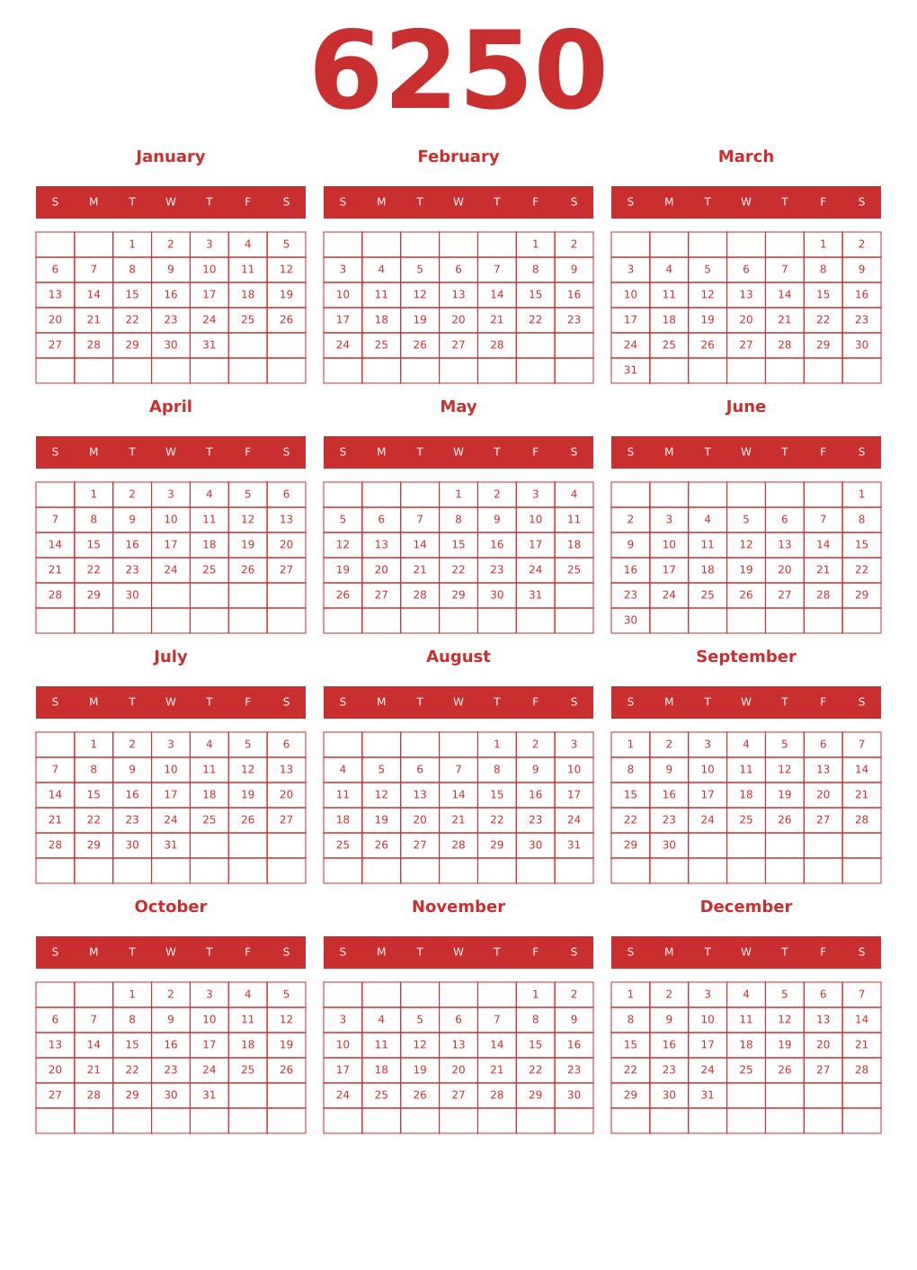 Printable 6250 Year Calendars red