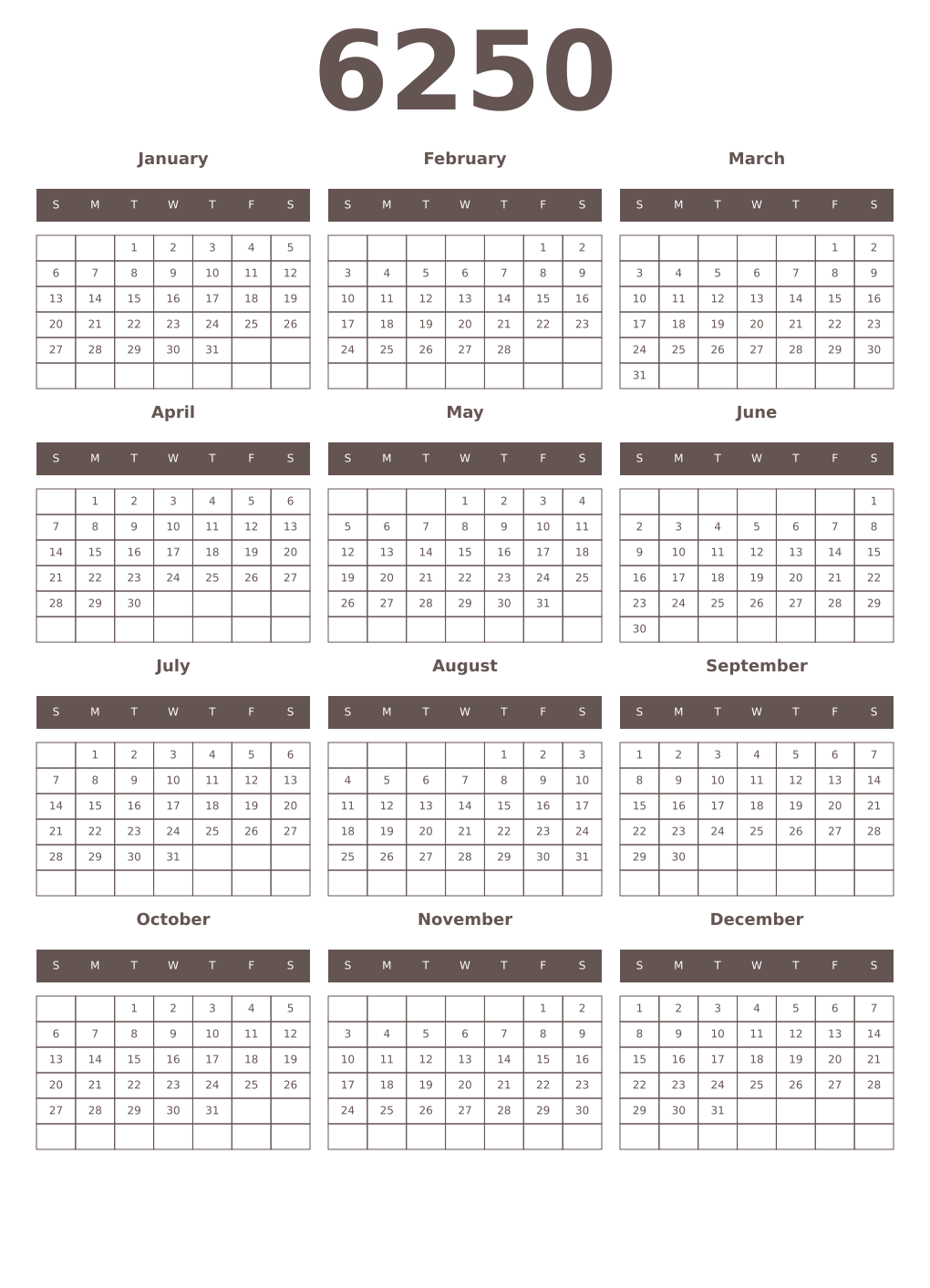 Printable 6250 Year Calendars wenge