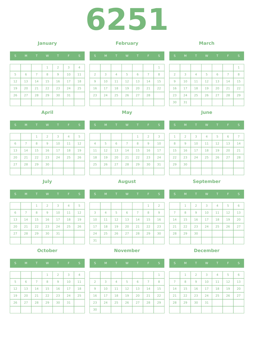 Printable 6251 Year Calendars celadon