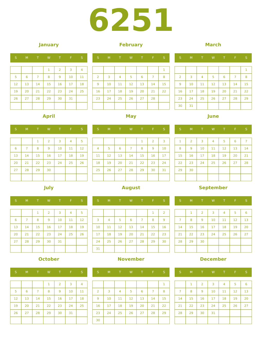 Printable 6251 Year Calendars chartreuse