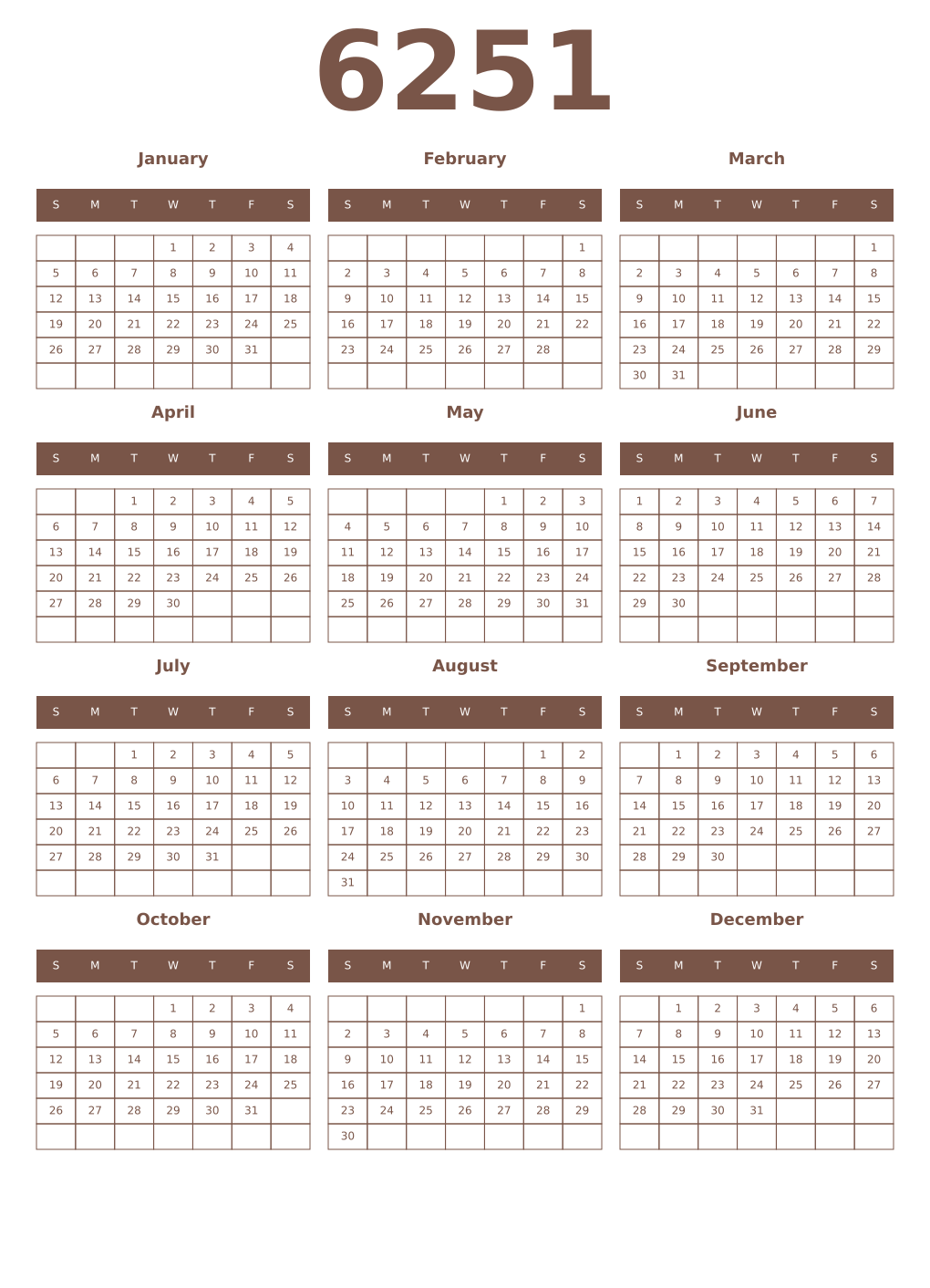 Printable 6251 Year Calendars coffe