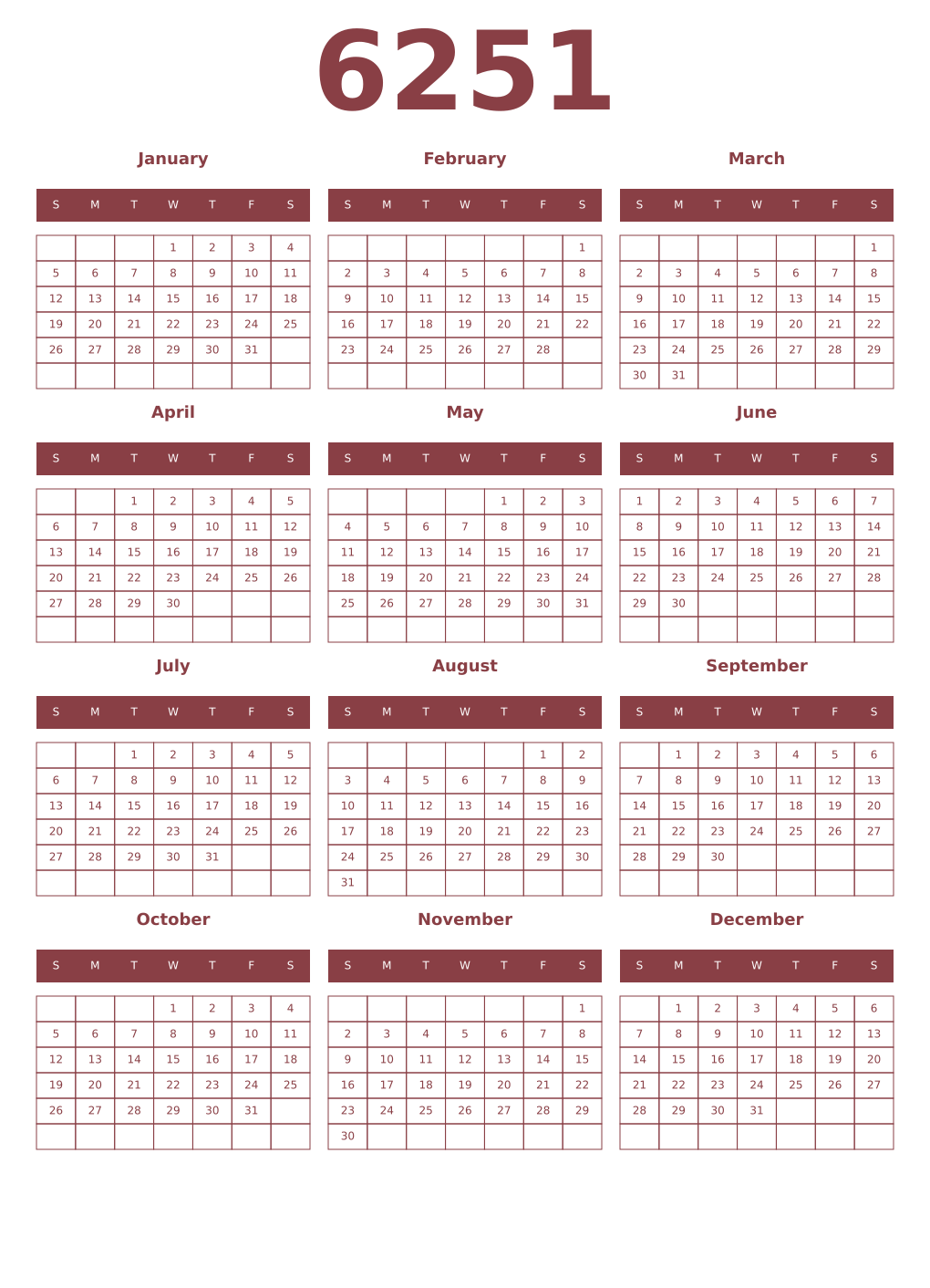 Printable 6251 Year Calendars cordovan
