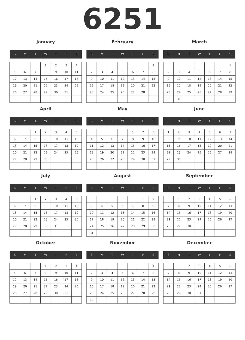 Printable 6251 Year Calendars dark