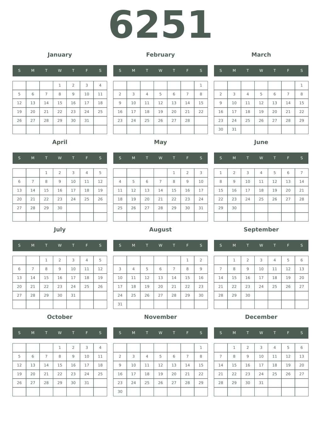 Printable 6251 Year Calendars feldgrau