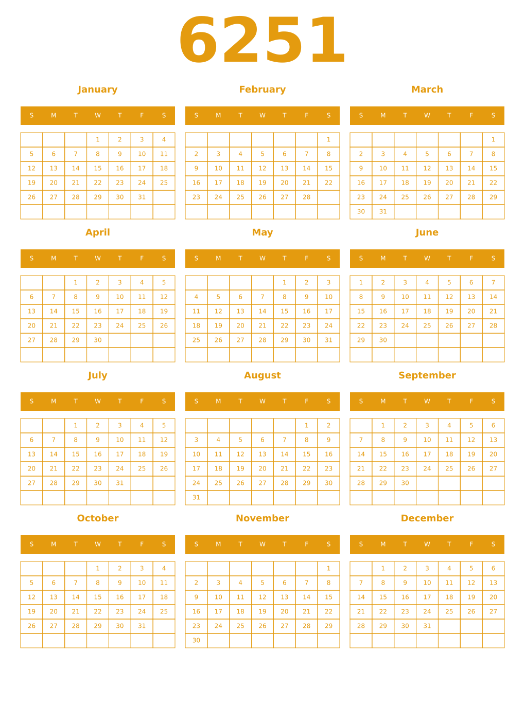 Printable 6251 Year Calendars gamboge
