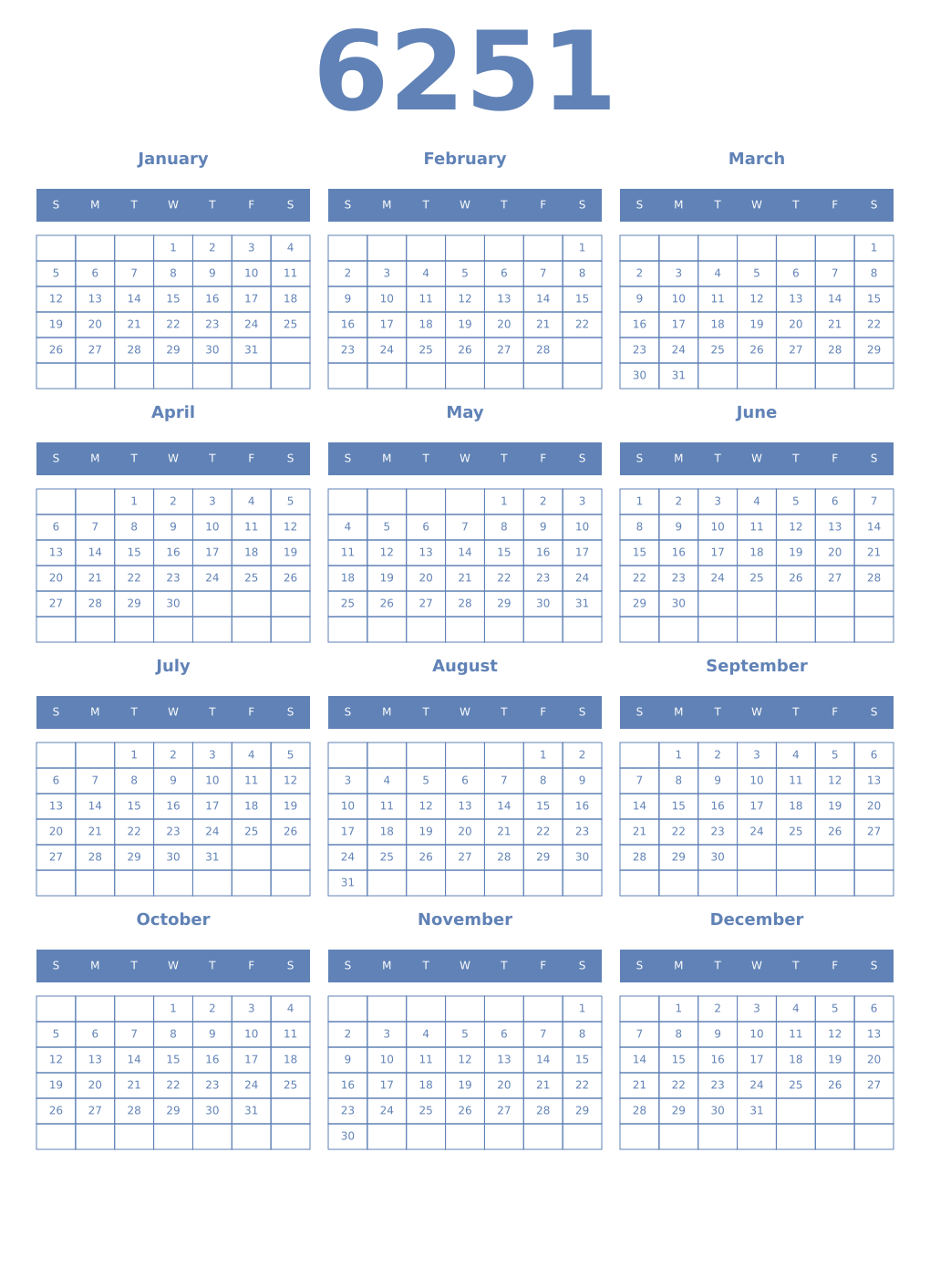 Printable 6251 Year Calendars glaucous