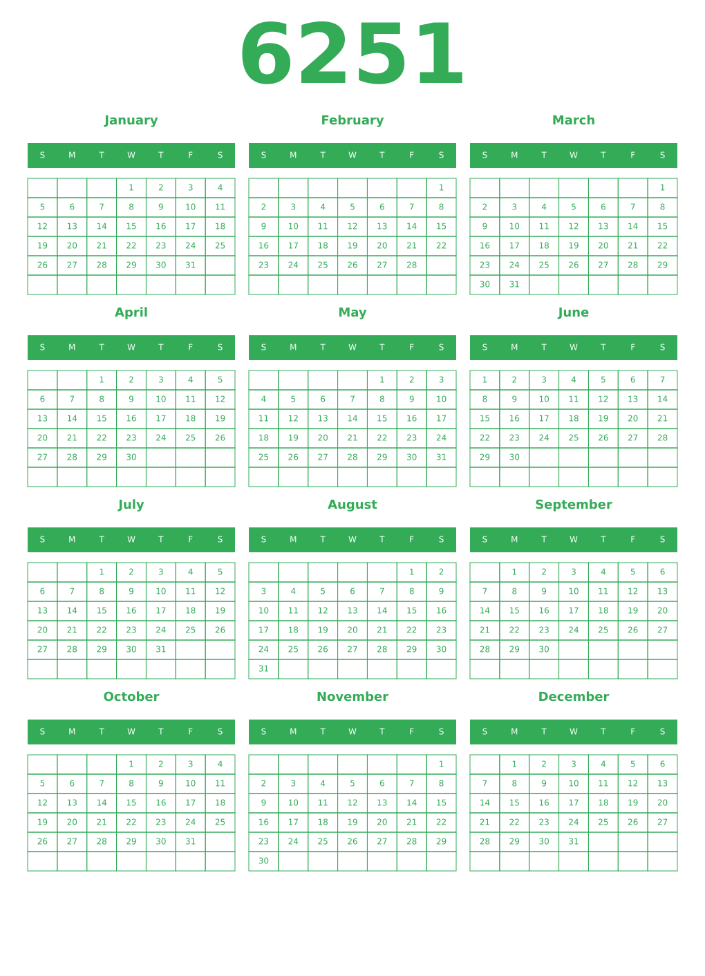 Printable 6251 Year Calendars green