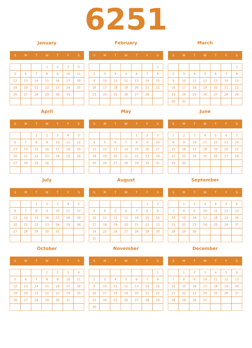 Printable 6251 Year Calendars orange