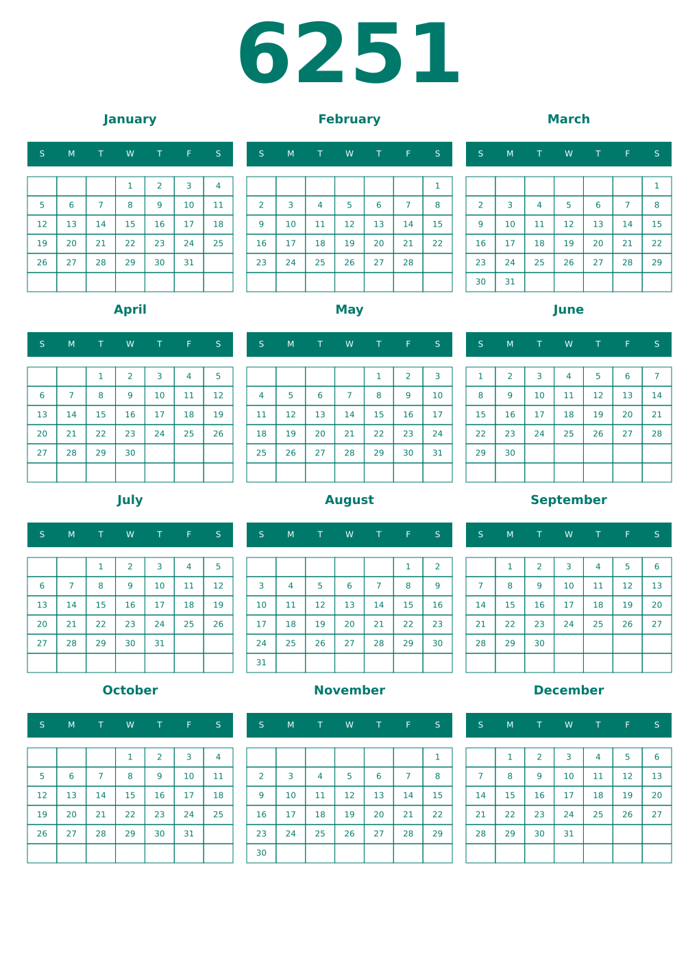 Printable 6251 Year Calendars pastel
