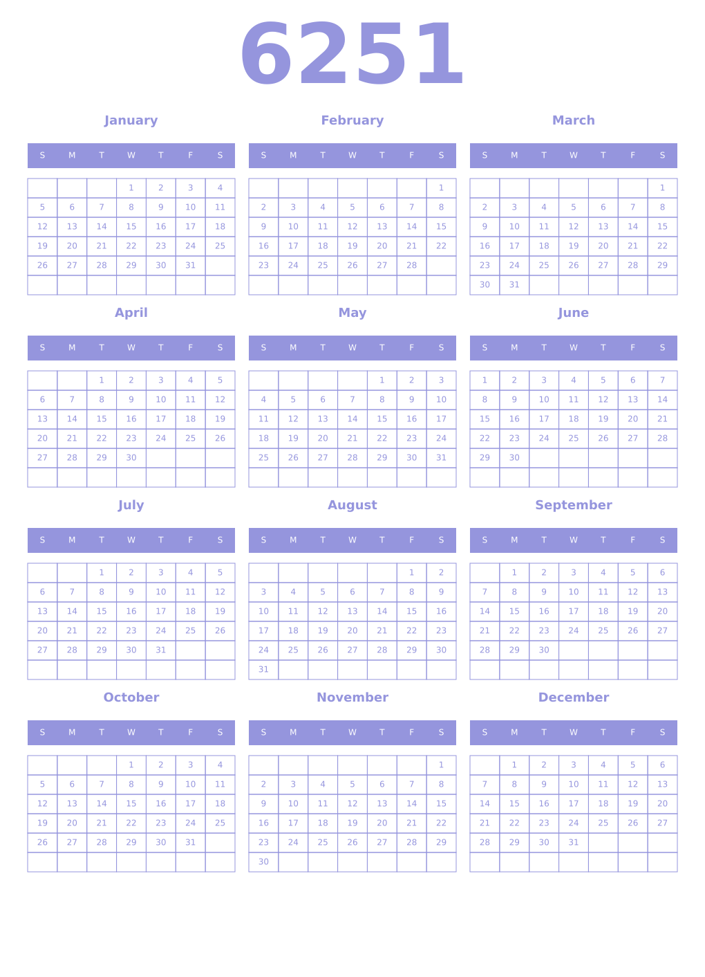 Printable 6251 Year Calendars periwinkle