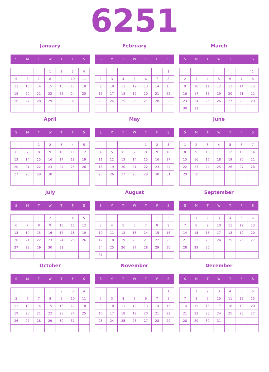 Printable 6251 Year Calendars purple