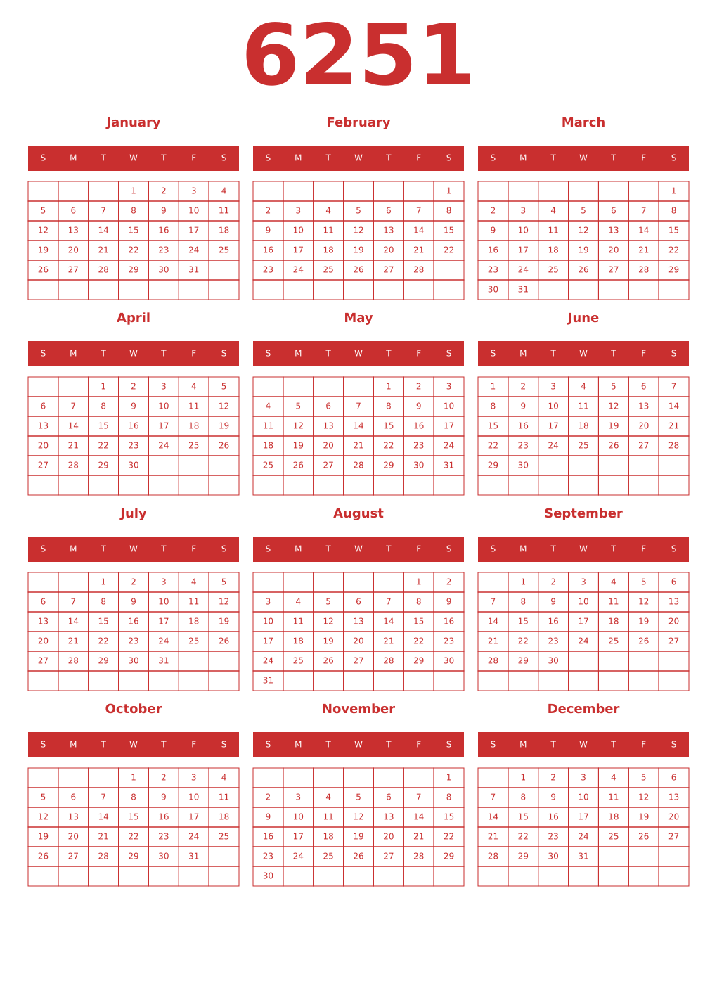 Printable 6251 Year Calendars red
