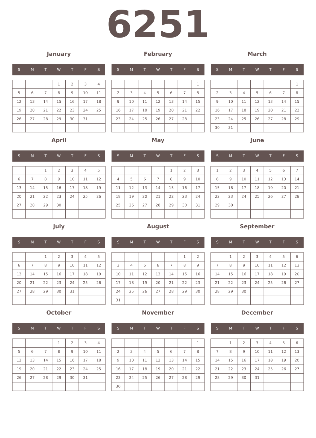 Printable 6251 Year Calendars wenge