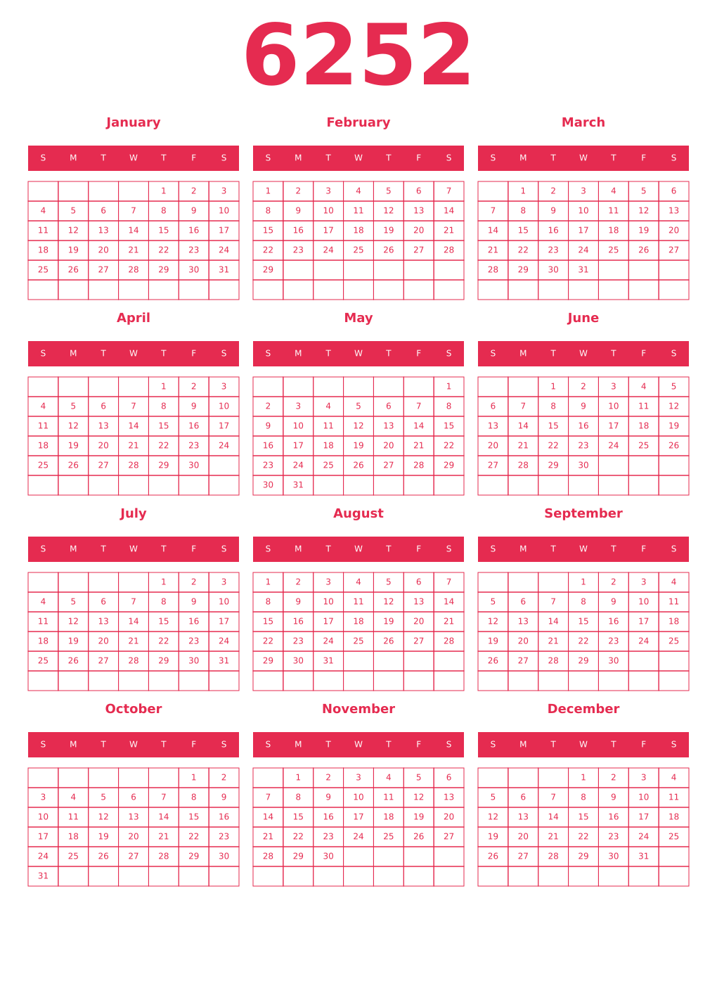 Printable 6252 Year Calendars amaranth