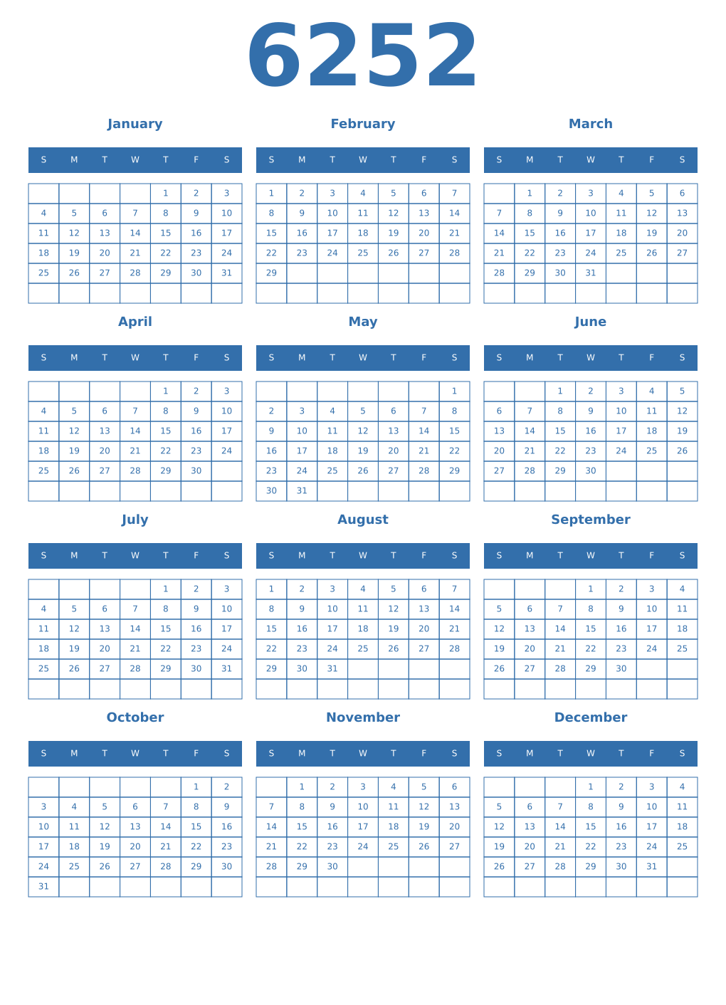 Printable 6252 Year Calendars blue