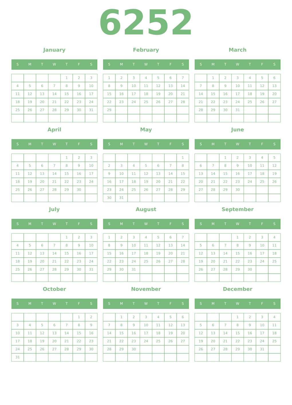 Printable 6252 Year Calendars celadon