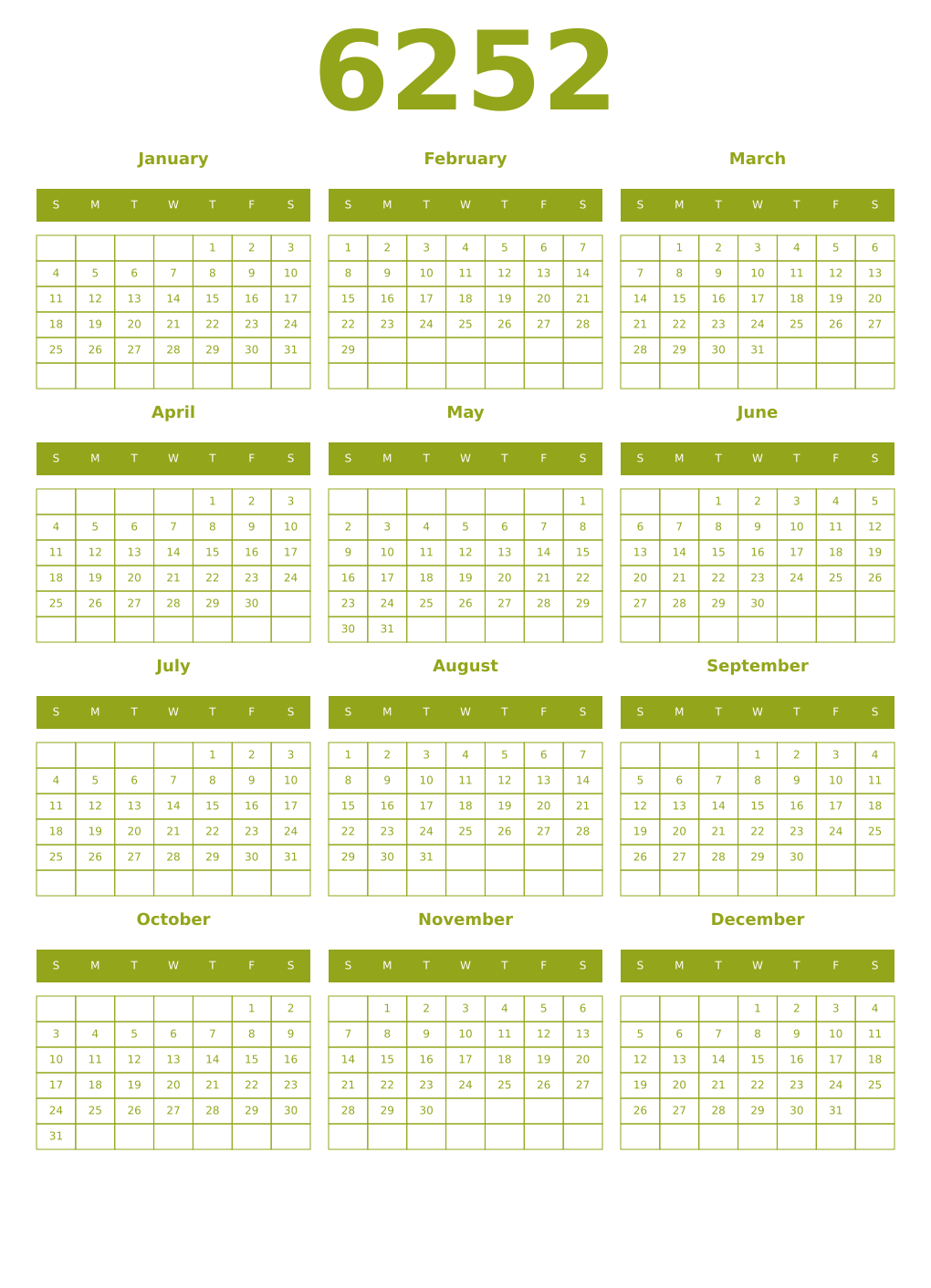 Printable 6252 Year Calendars chartreuse