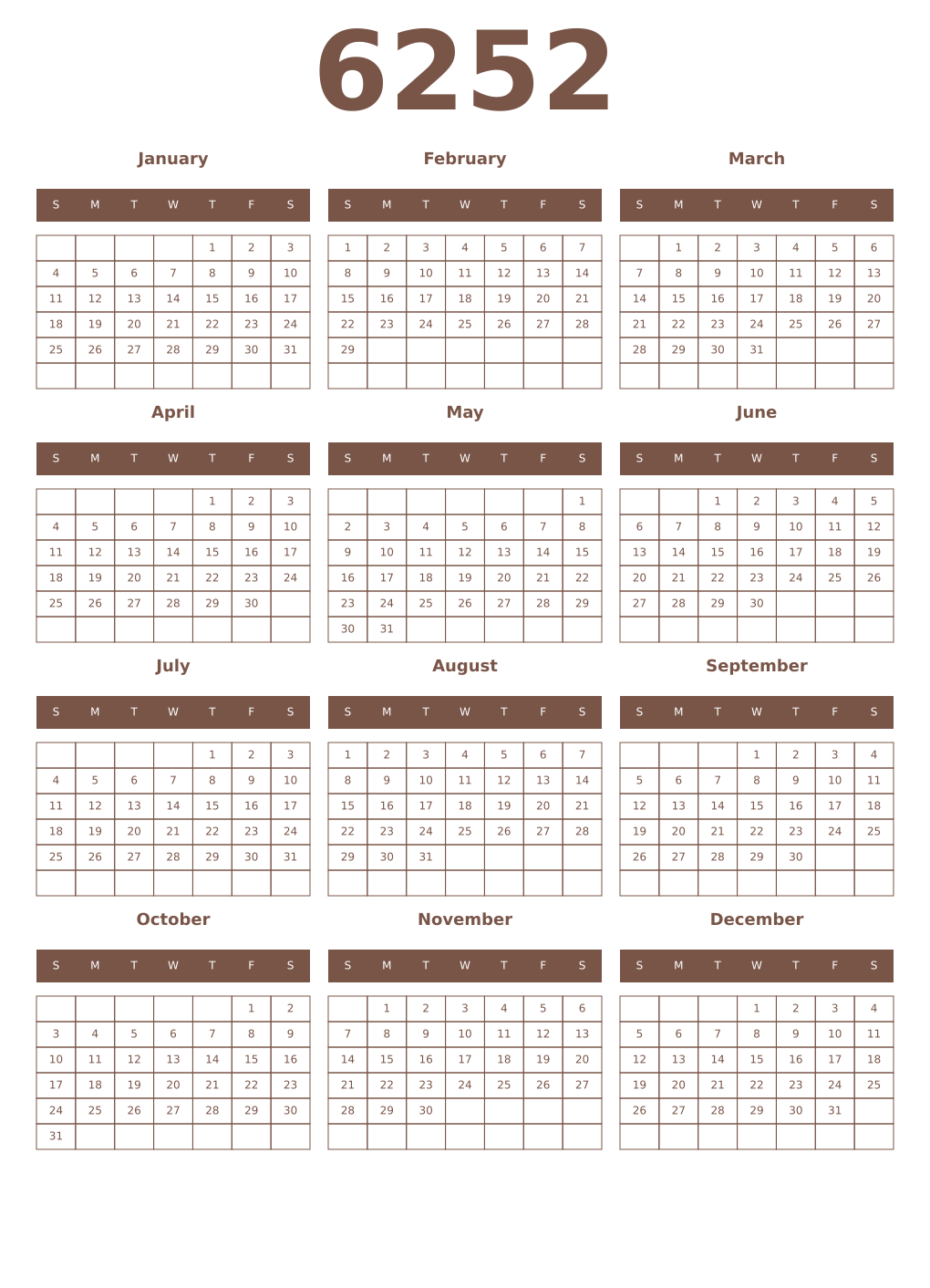 Printable 6252 Year Calendars coffe