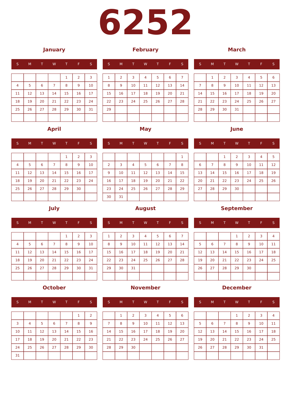 Printable 6252 Year Calendars falu