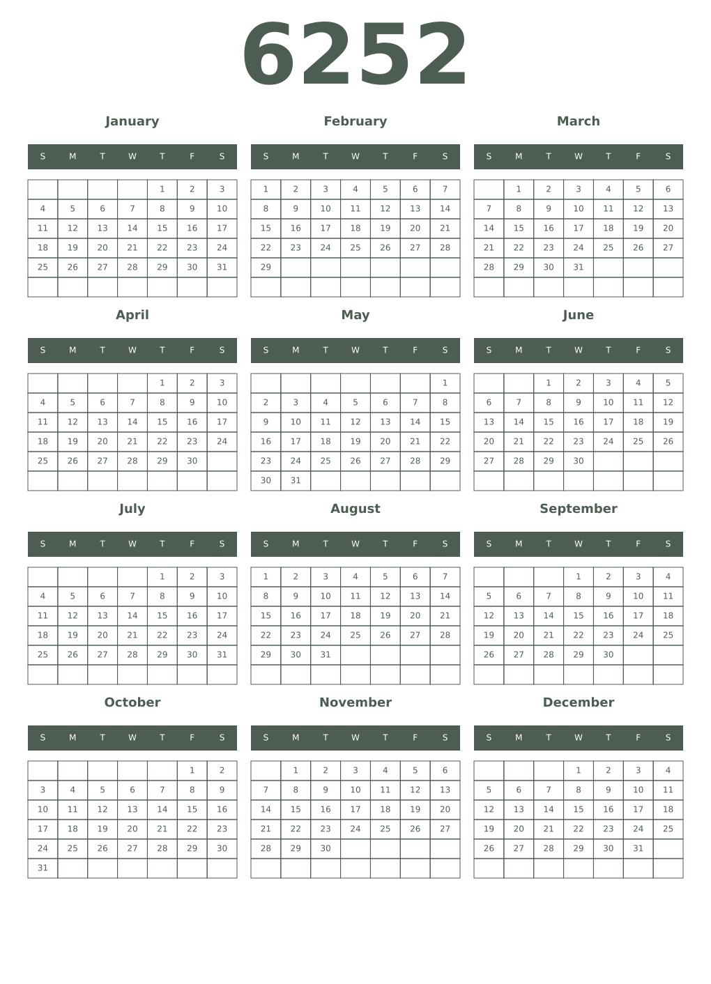 Printable 6252 Year Calendars feldgrau