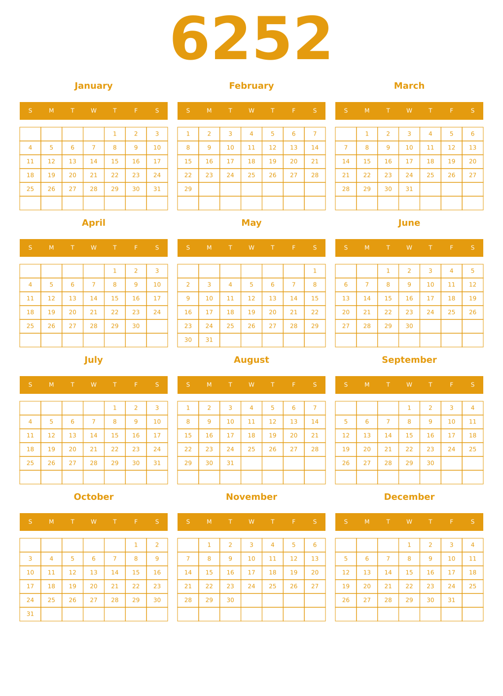 Printable 6252 Year Calendars gamboge