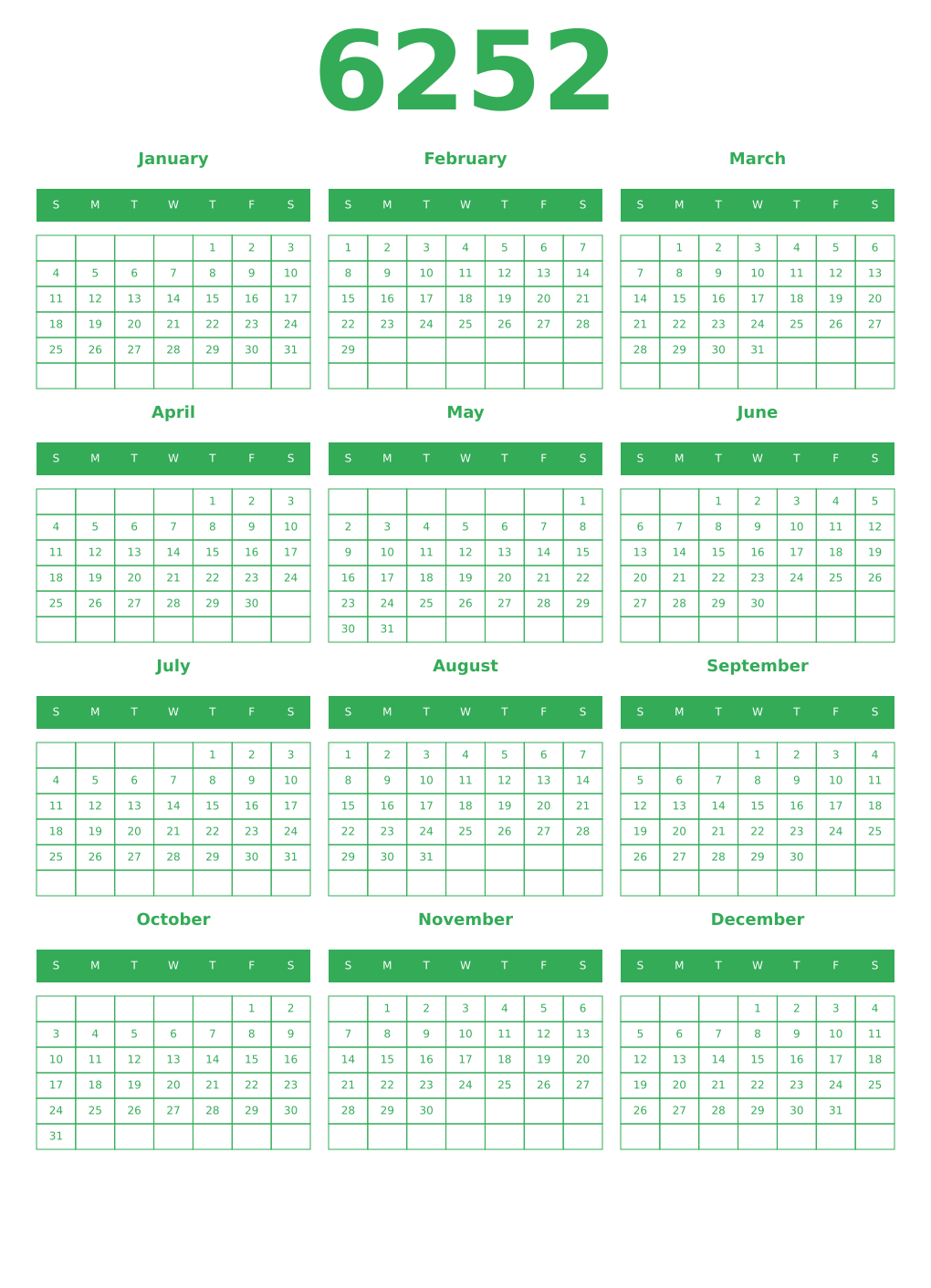 Printable 6252 Year Calendars green