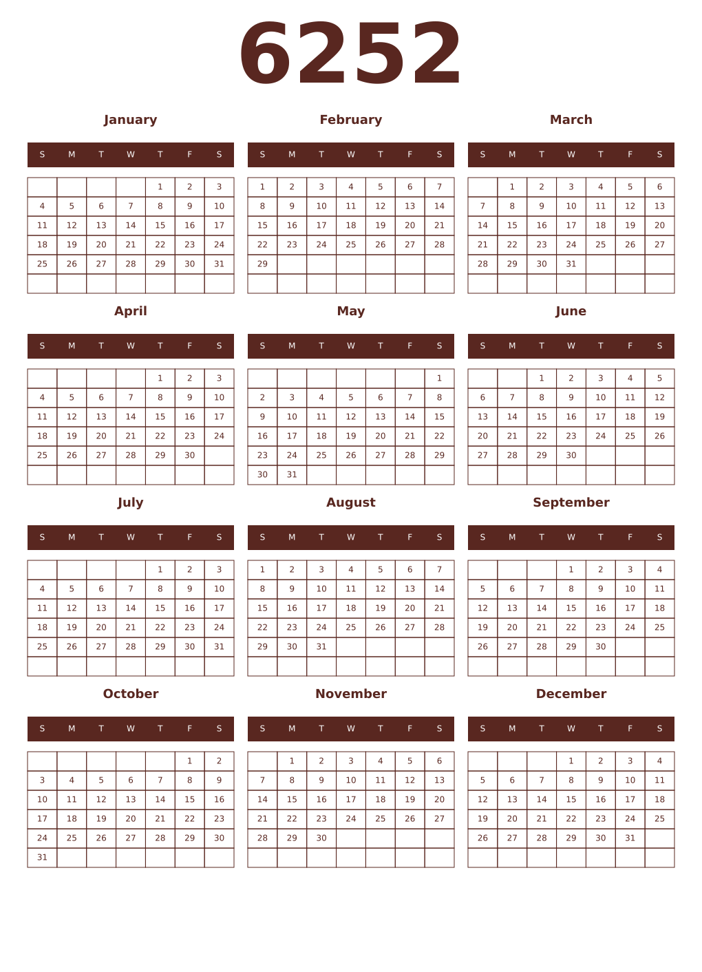 Printable 6252 Year Calendars mortuum