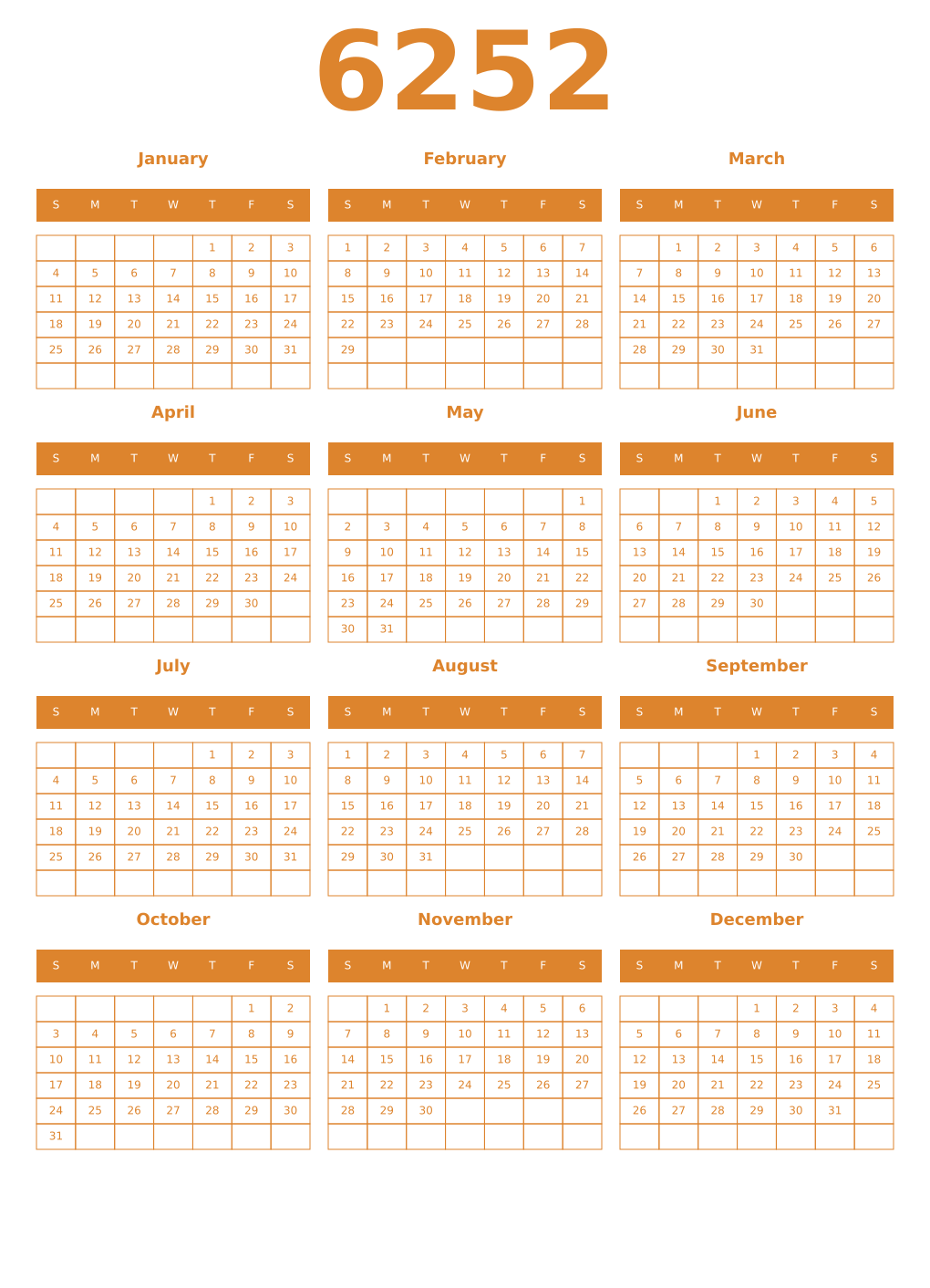 Printable 6252 Year Calendars orange
