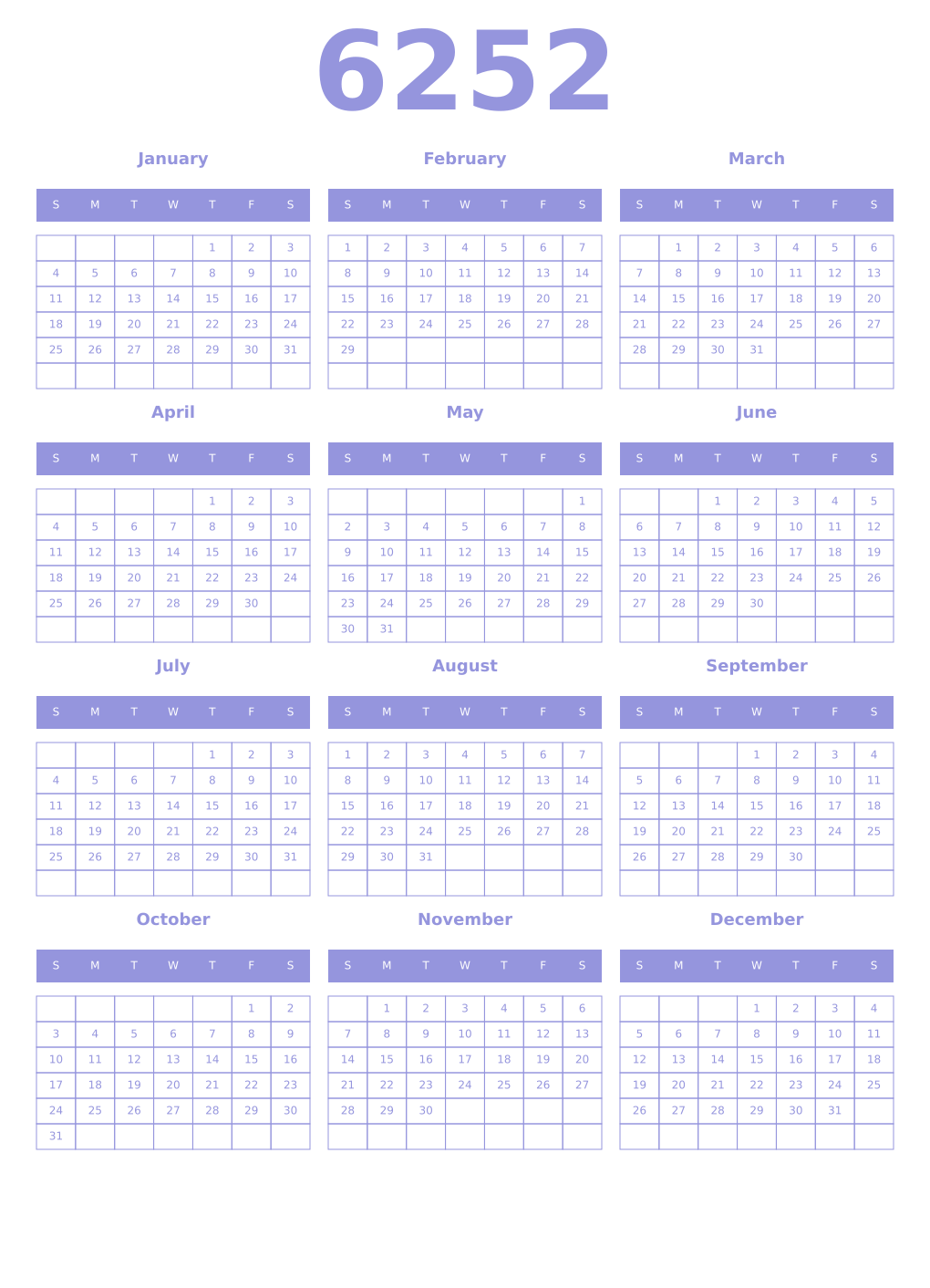Printable 6252 Year Calendars periwinkle