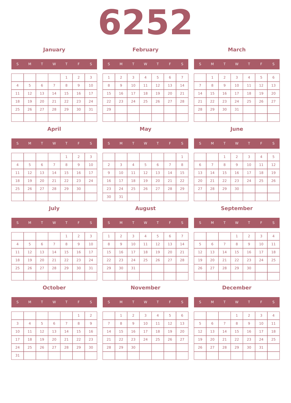 Printable 6252 Year Calendars puce
