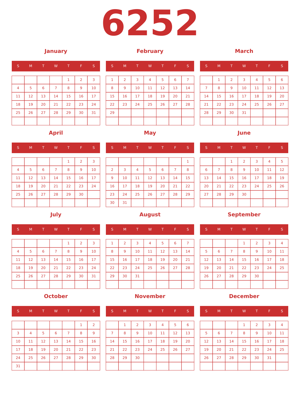 Printable 6252 Year Calendars red