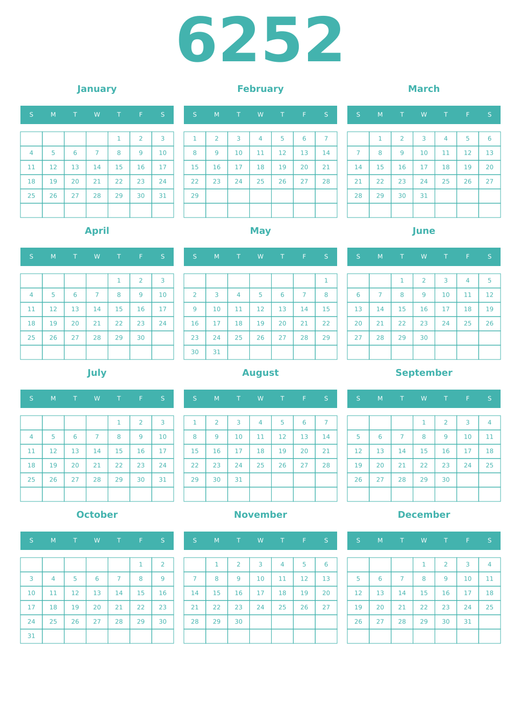Printable 6252 Year Calendars verdigris