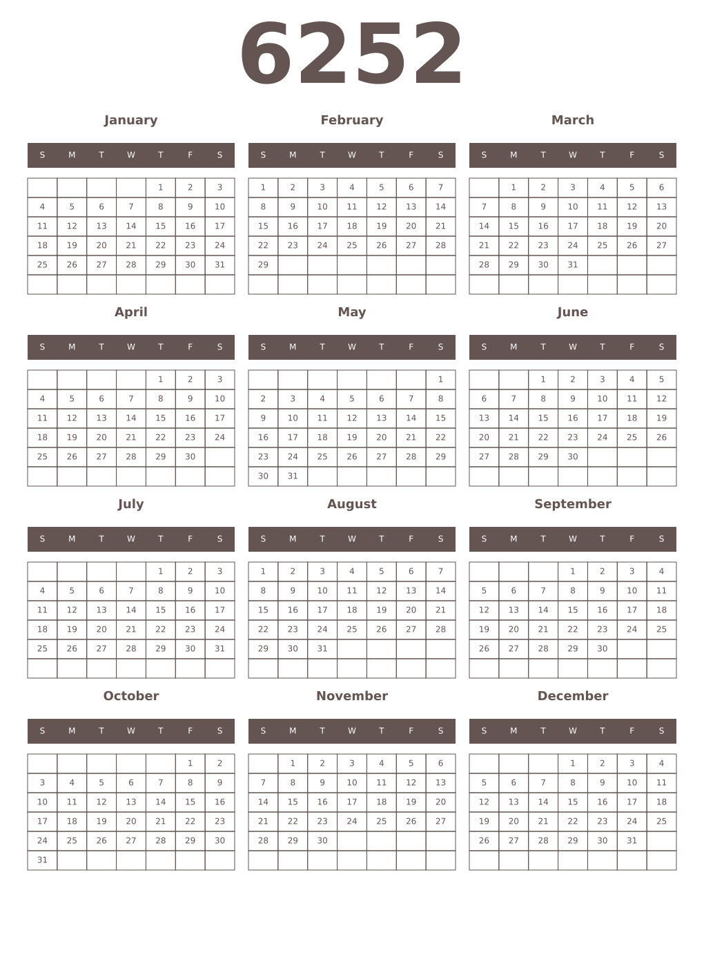 Printable 6252 Year Calendars wenge
