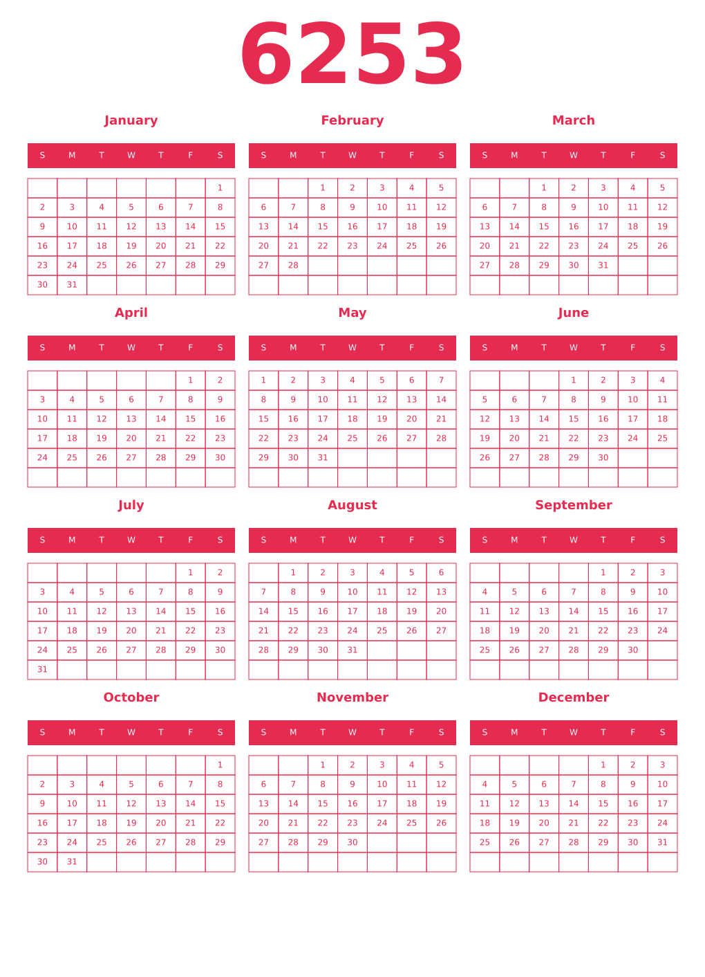 Printable 6253 Year Calendars amaranth