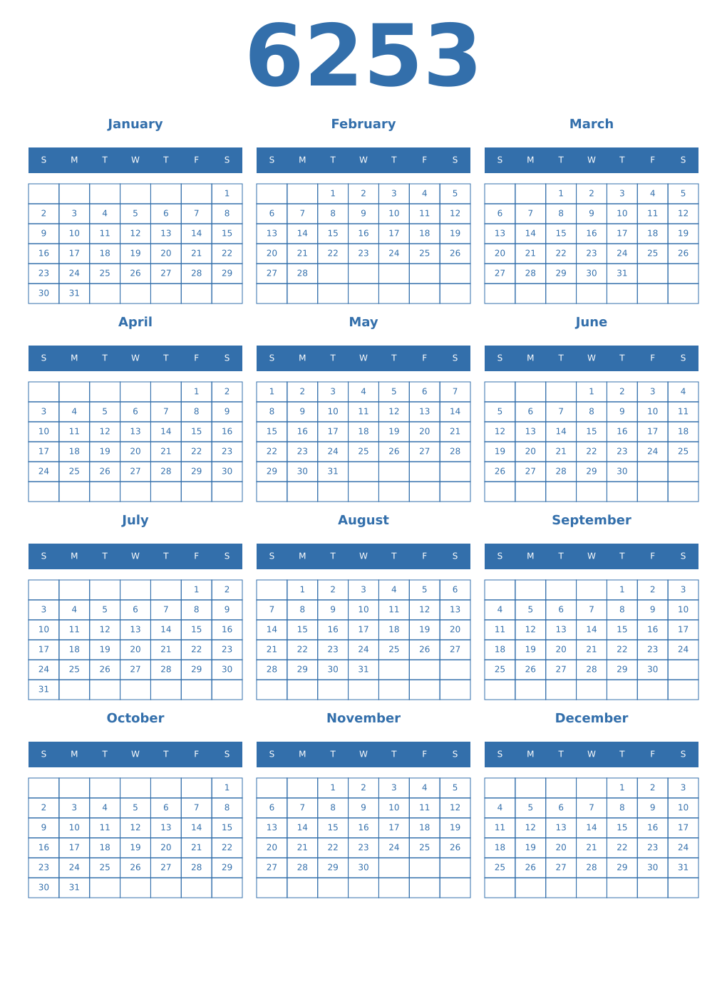 Printable 6253 Year Calendars blue
