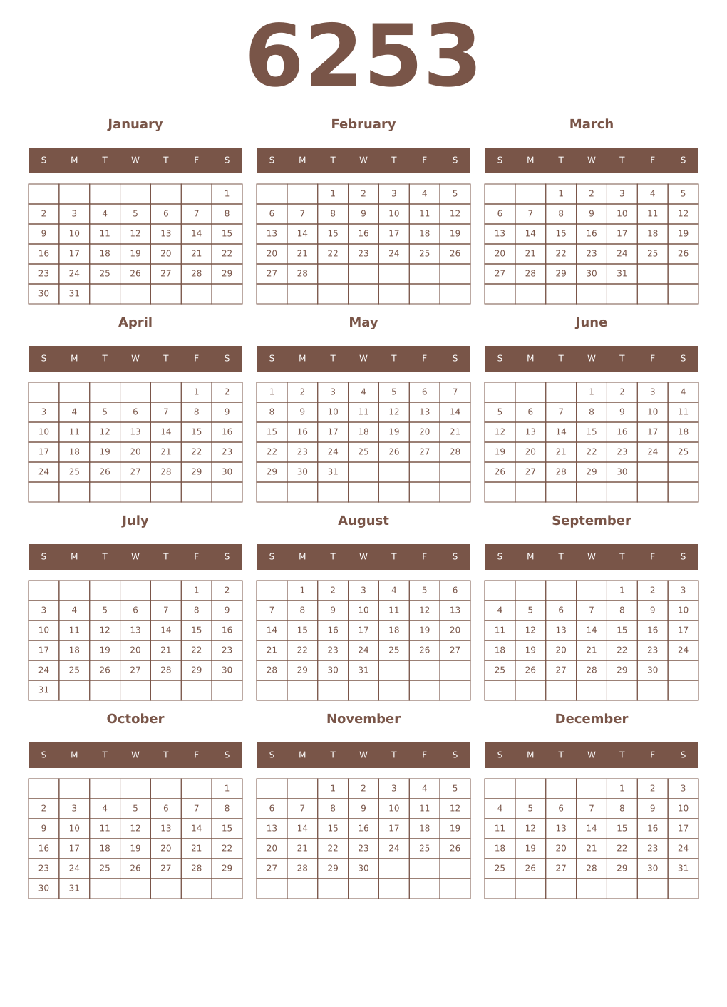 Printable 6253 Year Calendars coffe