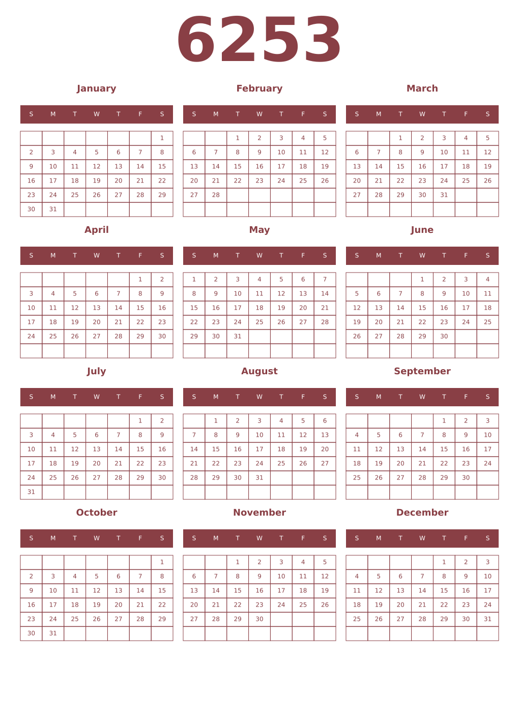 Printable 6253 Year Calendars cordovan