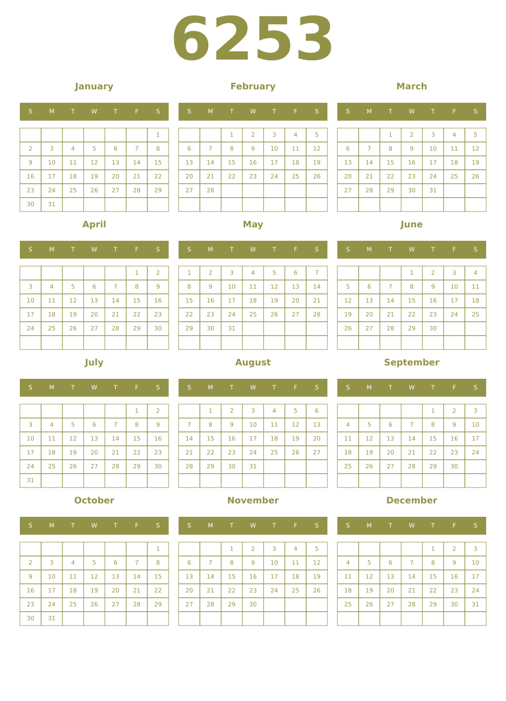 Printable 6253 Year Calendars eburnean