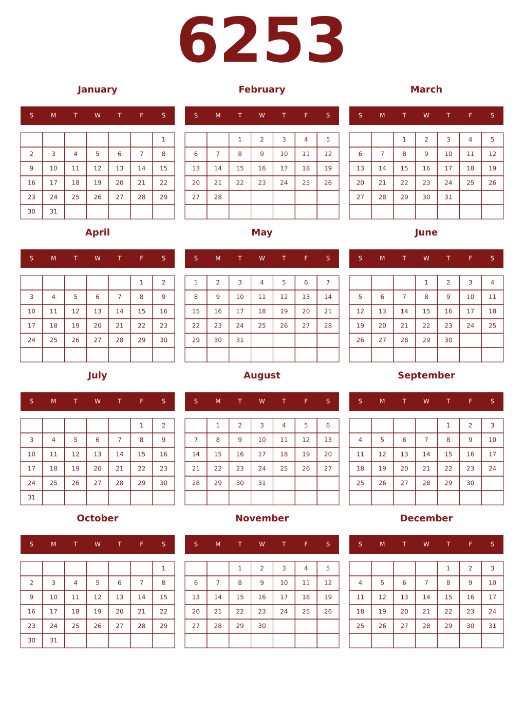 Printable 6253 Year Calendars falu