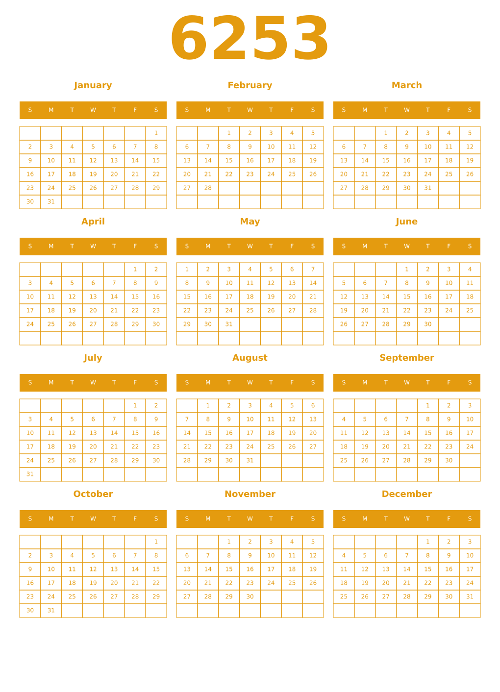 Printable 6253 Year Calendars gamboge