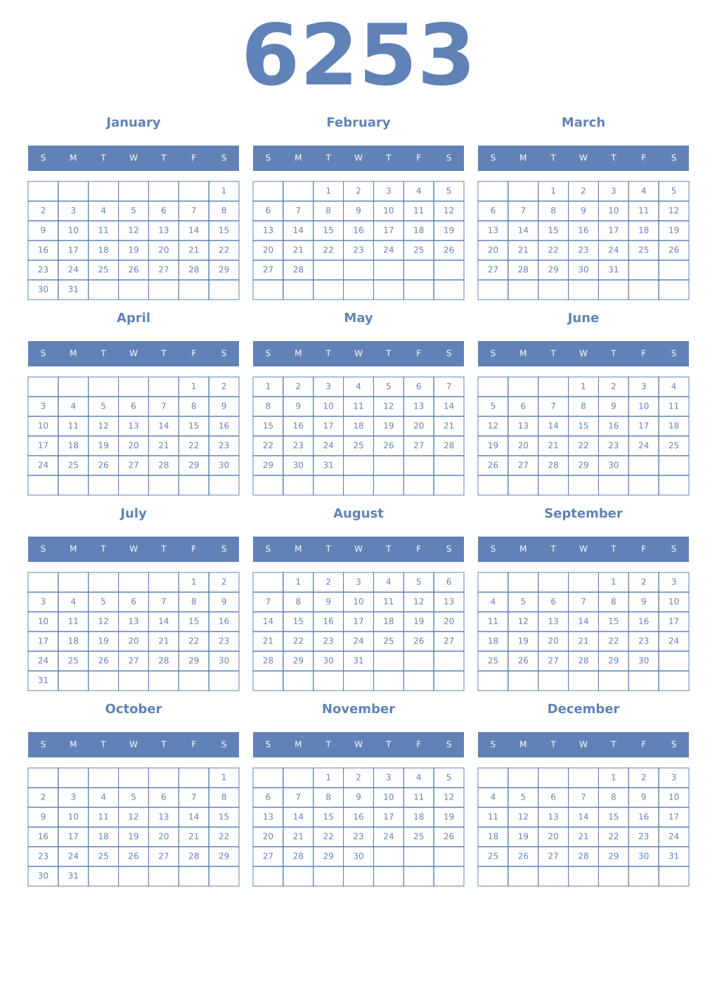 Printable 6253 Year Calendars glaucous