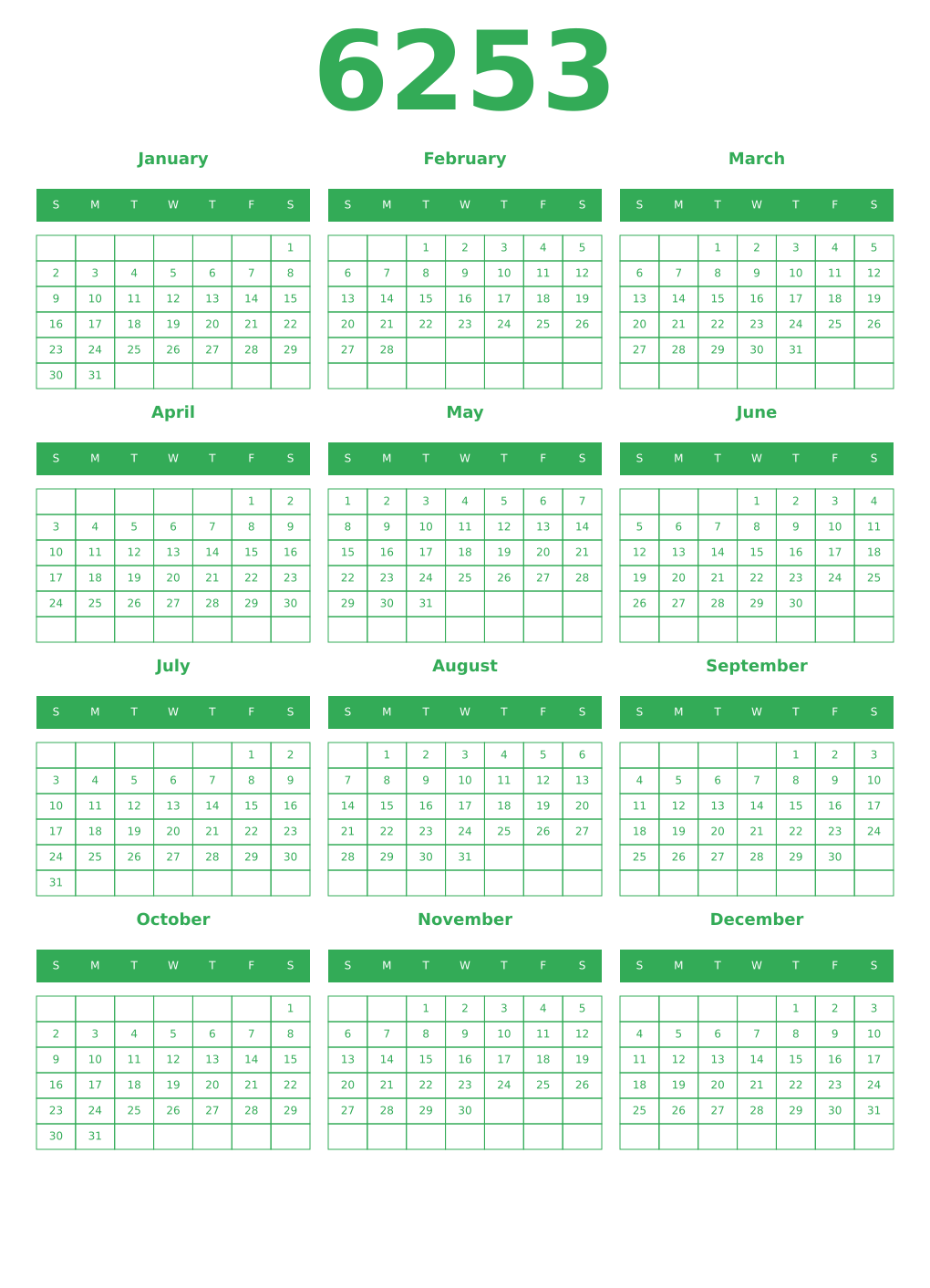 Printable 6253 Year Calendars green