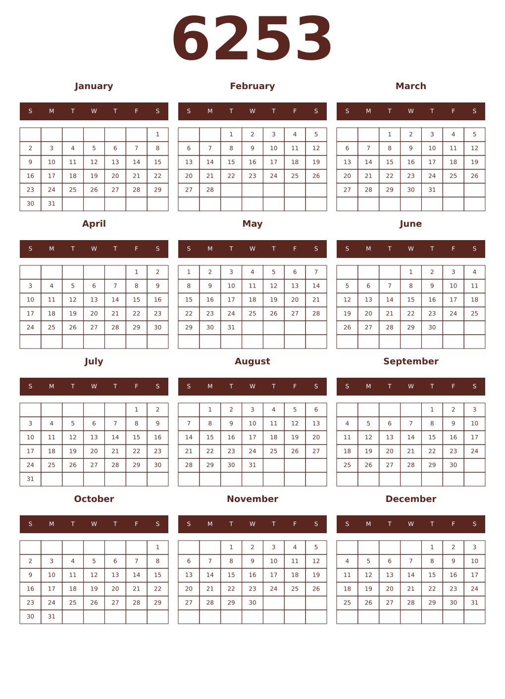 Printable 6253 Year Calendars mortuum